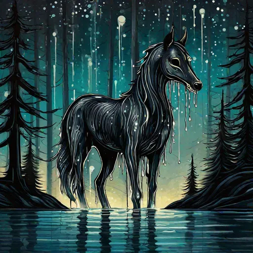 Prompt: {dripping art style} skeletal Scottish folklore kelpie emerging from the lake, with glowing grey eyes, dripping oil, dark starless night, forest of pine trees. Beautiful, majestic, graceful, terrifying, haunting, powerful, with great detail
