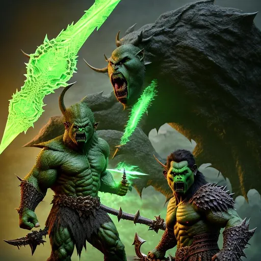 Prompt: Raging_Half_Orc_Dark_Green Full Body in Hide_Armor Spiked_Bone_Helm Dynamic_Lighting 4K Red_Eyes Wielding_Double_Headed_Battle_Axe_dripping_blood Gore_Littered_Battle_Field Black_Hand_tattoo_on_Head Epic Dark_Fantasy Insanely_Detailed 8K Brutal Savage Ferocious Twilight intense_Action Dark_Green_Glow Dramatic_Ultra_Detail