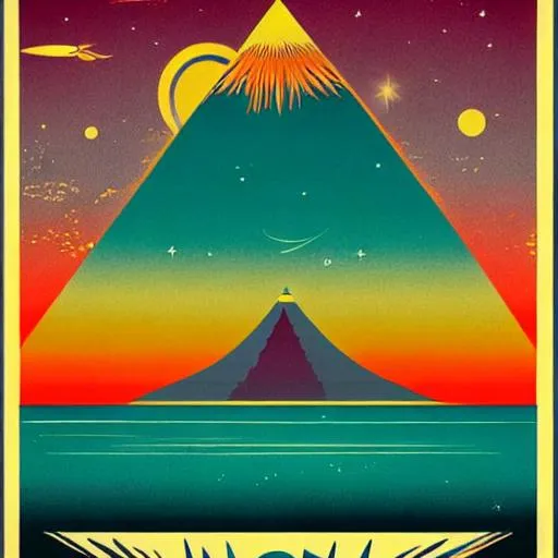 Prompt: 70s poster pyramid and sea with night sky in japan style 
