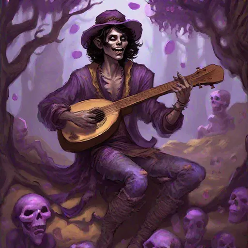 Prompt: Full body splash art of a sweet, youthful, young, handsome, male undead zombie bard, singing and playing the lute, mummified pale face, wavy black hair, skinny, tyrian purple medieval noble page clothes with puffy sleeves, wearing a floppy hat with feathers, D&D, dnd, fantasy, highly detailed, sharp focus, digital painting, trending on artstation, 4k, 8k, unreal engine