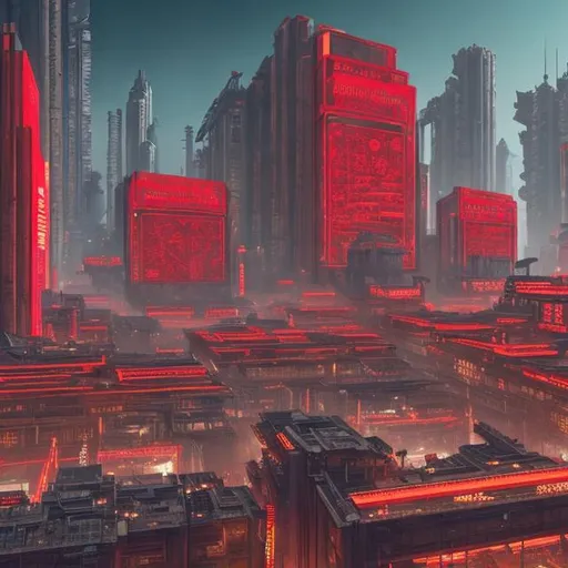 Prompt: A cyberpunk communist city with the canter of the city having a massive ornamental building with red banners placed throughout the city 