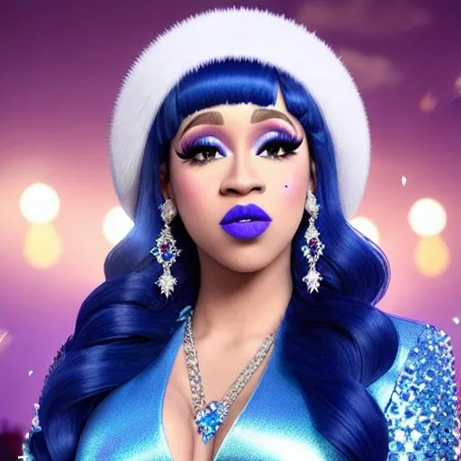 Prompt: Ice Queen Cardi B eating blue ice cream in winter palace, blue lipstick, city skyline, windy and snowing, blue heart necklaces, Large frozen Ball Gown, pleasant face, blue eyes, Black-purple eyeshadow, Sugar Hat, extremely large ice earrings. Cold color scheme, ultradetailed, 8k resolution, perfect, smooth, high quality, shiny. 