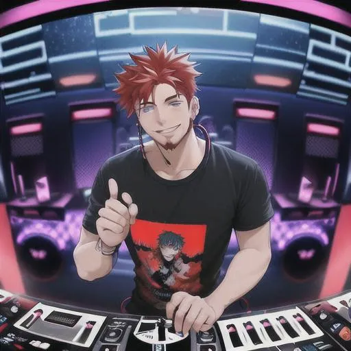 Prompt: CG, Anime, over the shoulder view, young man, red hair with a goatee, hazel eyes, smiling, looking at the DJ booth, big royal blue headphones, wearing a club outfit, playing a big sci fi DJ music booth with dim teal lights on it, three sci fi computer screens on the other side with music programs on them.