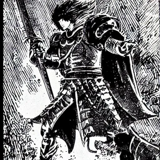 Prompt: A panel from the 1991 Dark Fantasy manga "Dark Souls", The panel shows A black haired man with a modern mullet he is holding a sword, the panel captures the style and feel of master manga artist kentaro miura, image is full of sharp detail and color pop