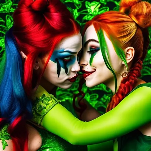 Prompt: Poison ivy kissing Harley Quinn 