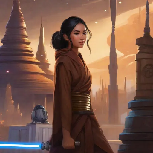 Prompt:  Cute 25 years old thai girl in jedi robes. In background a scifi light side temple. Well draw face. Detailed. Star wars art. Rpg art. 2d art. 2d. Dynamic pose. 