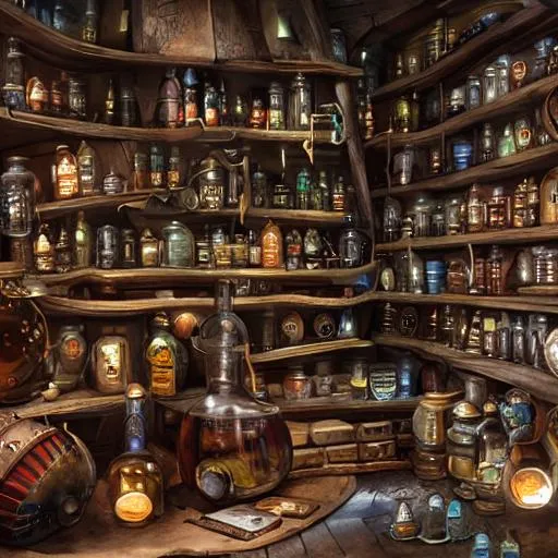 Prompt: An intricate scene with a lot of magic bottles and mechanisms of an alchemist, other bookshelves with bottles and alchemy stuff in the background::fantasy, detailed concept art, artstation, high details::8K, 4K, sharp focus, octane render