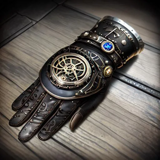 Prompt: A single glove, steampunk vibe, Magical Glyphs, Black leather, Silver buckles, silver inlay, embedded onyx stone, fantasy, 4k, metal workbench background
