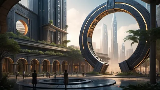 Prompt: magical portal between cities realms worlds kingdoms, circular portal, ring standing on edge, upright ring, freestanding ring, hieroglyphs on ring, complete ring, ancient babylonian architecture, gardens, hotels, office buildings, shopping malls, large wide-open city plaza, turned sideways view, futuristic cyberpunk tech-noir setting