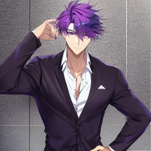 Prompt: male, purple hair, realistic brown eyes, tall, handsome, fit
