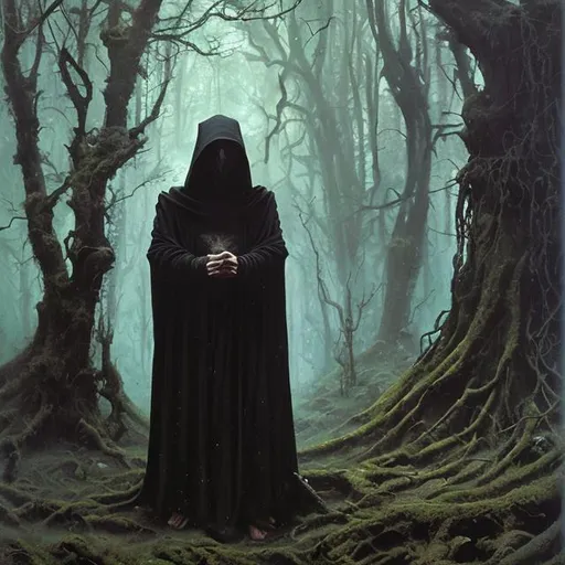 Prompt: Portrait painting, cultist with dark robe, near ancient dolmens in te forest, dull colors, danger, fantasy art, by Hiro Isono, by Luigi Spano, by John Stephens