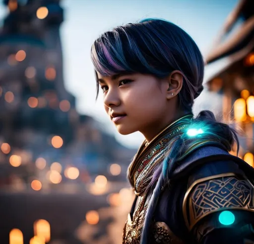 Prompt: Girl  with gray hair and colorful facial tattoos, in the style of futuristic settings, violet and bronze, robotics kids, photorealistic fantasies, schlieren photography, medieval fantasy, close-up shots