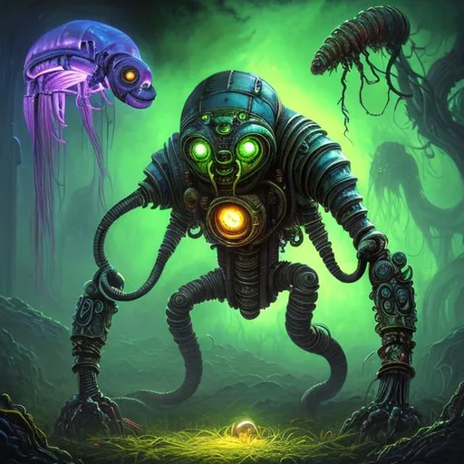 Prompt:  fantasy art style, painting, robotic, green, green lights, green neon lights, lightning, colourful, murky, H. R. Giger, biological mechanical, pipes, evil robot, egg, queen, queen ant, snakes, serpents, eels, tentacles, jellyfish, squid, giant robot, robot, machine, pregnant robot, war machine, inseminate, insemination, pregnancy, pregnant, mother, mother with pregnant belly, pregnant woman, futuristic, dystopian, alien, aliens, forced insemination, egg laying, procreation, breeding, brood, clutch of eggs