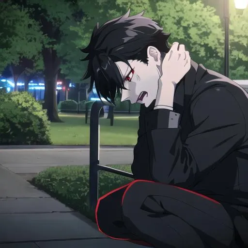 Prompt: Damien (male, short black hair, red eyes) in the park at night, casual outfit, dark out, nighttime, midnight, on his knees, screaming in pain, hands on his head, 4k, UHD