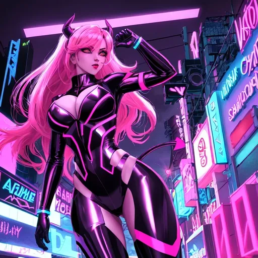 Prompt: a beautiful female demon in a dynamic pose in a retro futuristic synthwave cyberpunk neon paradise.  neon lighting, high quality, beautiful, synthwave, cyber, retro, futuristic