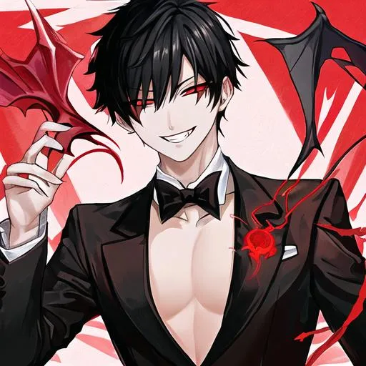 Prompt: Damien as a demon (male, short black hair, red eyes) grinning seductively