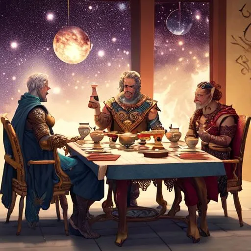 Prompt: The gods gathered at one table and sipping tea discuss the affairs of their universes