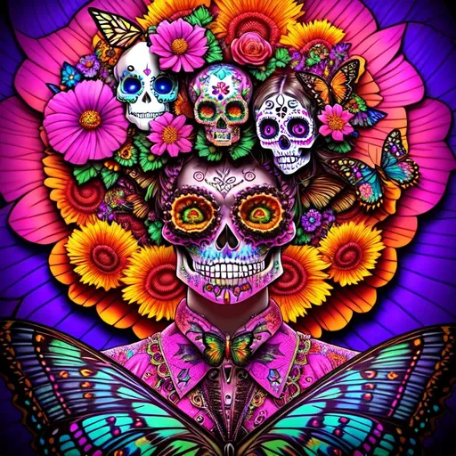 Prompt: psychedelic, twisted, cinematic, 3D, HD, {Sugarskull}Hippie, flowers, butterflies, psychedelic {bird }Sunset} background, uber detailed, 64k, high quality, sharp focus, studio photo, intricate details, highly detailed --s98500