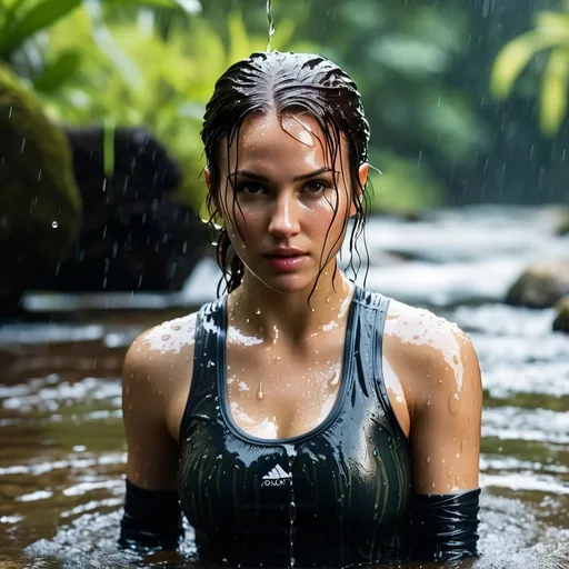 Prompt: Generate a photo of a young woman, wearing a  lara croft,  swimming in the river. She is enjoying being in her wet clothes, water dripping from her clothes, which are stuck to her body.  The image should show detailed textures of the wet fabric, a wet face, and plastered hair. The overall effect should be shiny and wet, with professional, high-quality details and a full body view.