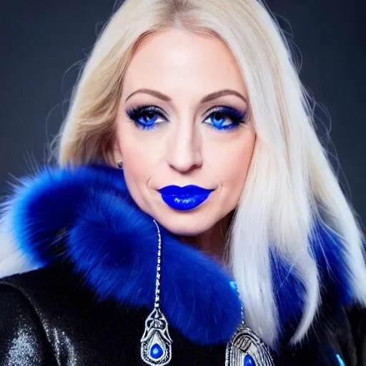 Prompt: Kellyanne Conway, soldier, blue lipstick, snowy beach, blue heart necklaces, Thick blue fur coat, Black Cape, pleasant face, blue eyes, Black-purple eyeshadow, long ice earrings. Cold color scheme, ultradetailed, 8k resolution, perfect, smooth, high quality, shiny. 