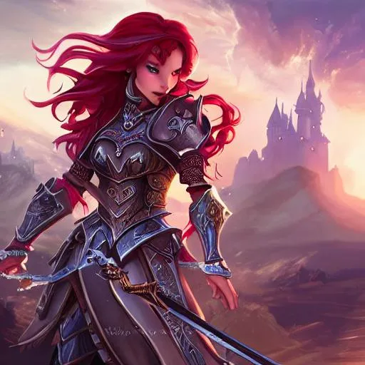 Prompt: splash art of princess knight  wearing armor, beautiful, , red hair, wavy hair, standing, fantasy, sugestive pose, detailed castle background, detailed armor, detailed accessoriess, hyperdetailed, cinematic shot, natural light, sunset, 64k, ultra hd