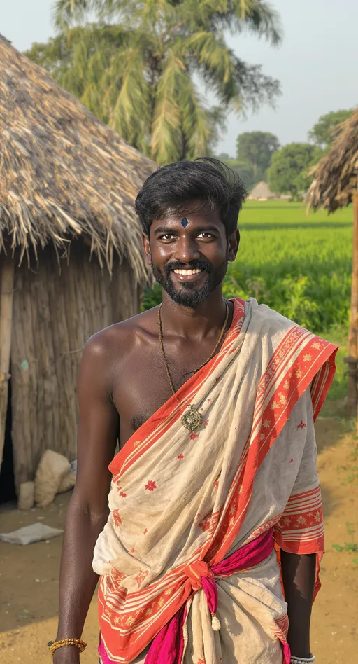 Prompt: A Person named Raju in a small Indian village, wearing simple traditional clothes, smiling, with bright eyes full of imagination, huts and green fields in the background, warm daylight