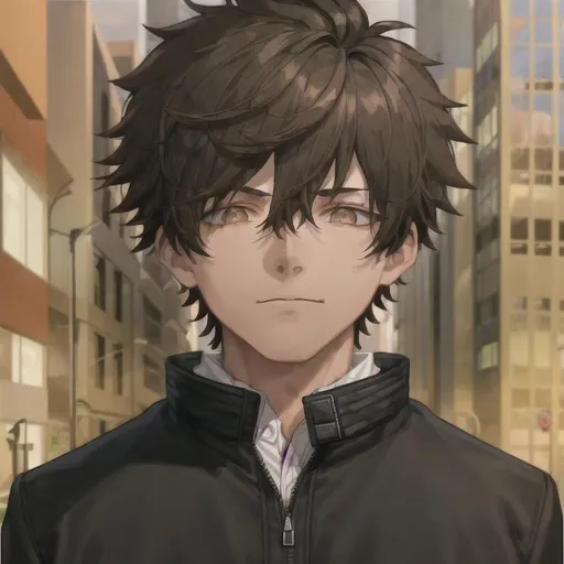 Psycho anime boy with black messy hair and brown eye