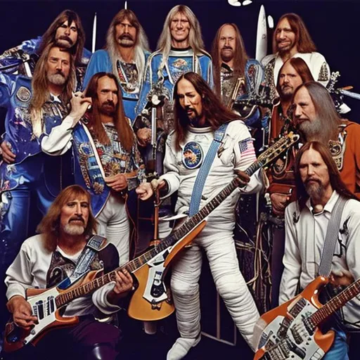 Prompt: actual photo of astronaut jesus playing guitar with all members of hawkwind, surprise me