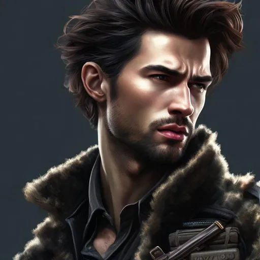 Prompt: portrait, realistic digital art, young male, three-quarters portrait, caucassian, black hair, wavy hair, his hair is shorter on the sides, light stubble, modern tactical clothing, rosy skin undertone, pale skin, handsome