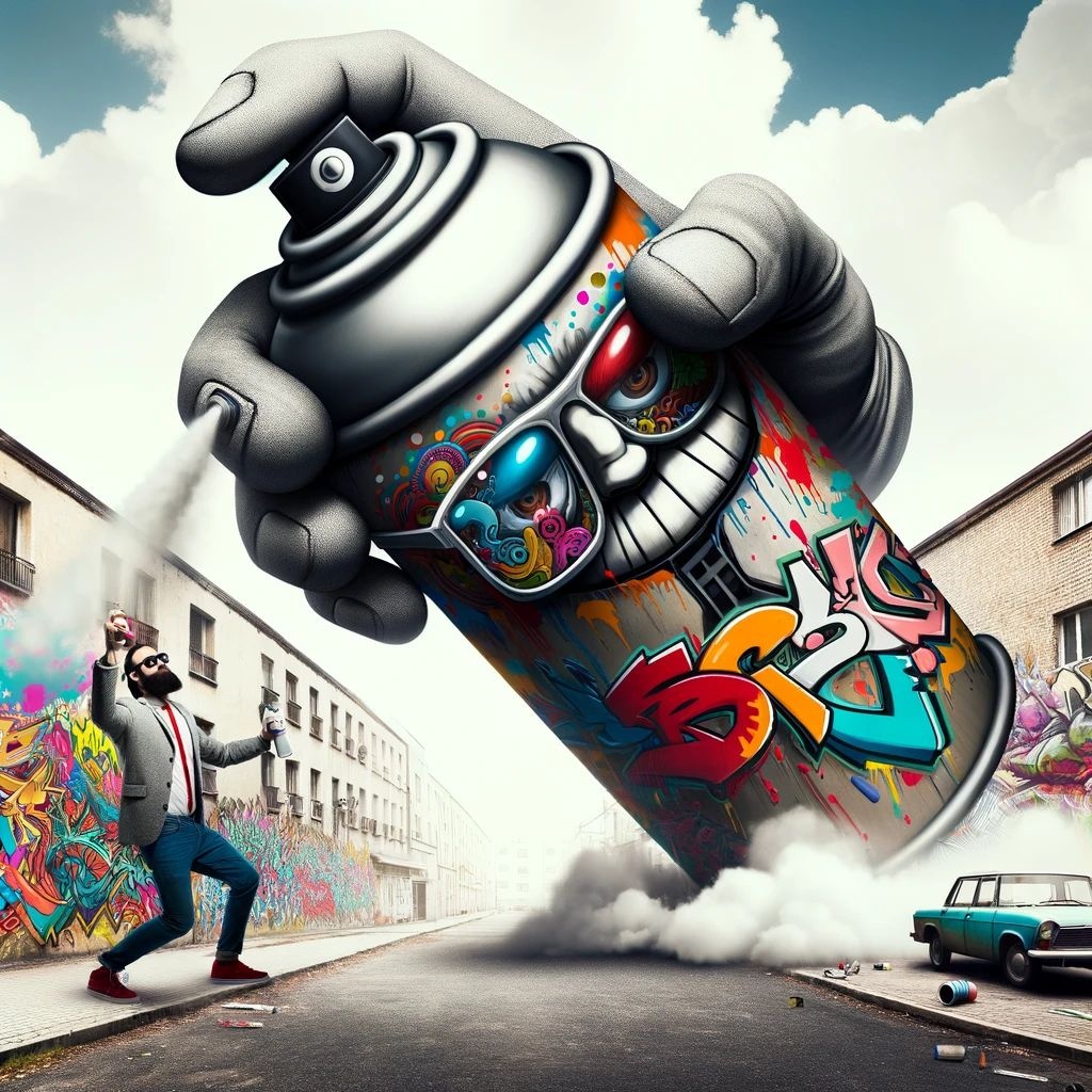 Prompt: Artistic representation of 'Big Spraycan', the graffiti maestro, at the peak of his creativity. With an oversized spray can in hand, he crafts elaborate graffiti designs, transforming the urban landscape into his canvas.