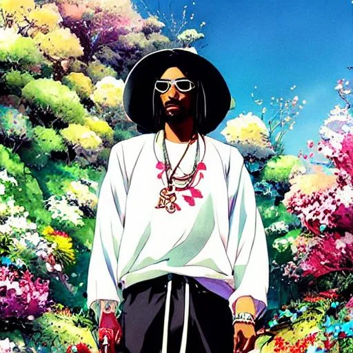 Prompt: anime illustration of rapper snoop dogg by hayao miyakazi, happy, manga, flowers, beautiful, cute, detailed, studio ghibli, Yoshitaka amano, watercolor, Ismail Inceoglu, M.W. Kaluta