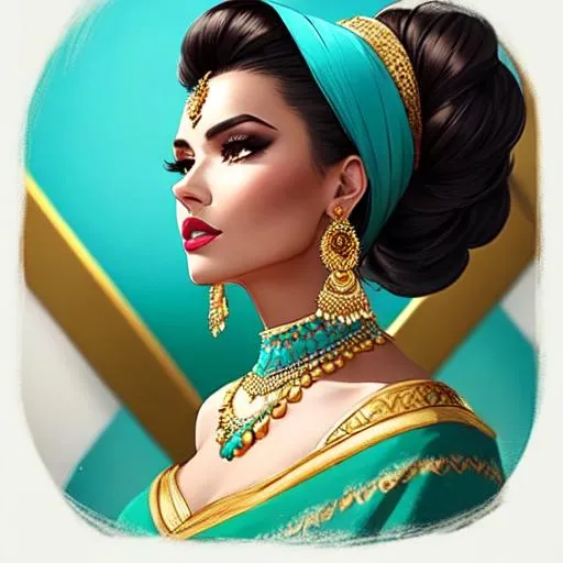 Prompt: An extremely gorgeous woman,  with dark hair in top knots, turquoise and gold jewels