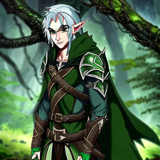 Prompt: Detailed cartoon. Adult male wood elf ranger, wearing a green cloak and leather armor, crouching beside a tree in the forest at night.
