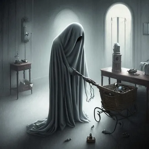 Prompt: Ghost doing every day tasks gloomy colorful surrealism