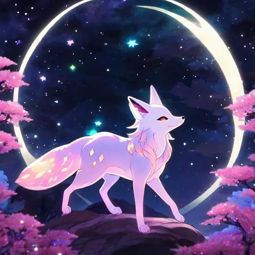 Prompt: A translucent kyūbi no kitsune that is glowing, nebula, glitter, in the den, beneath the stars, bioluminescent, highres, best quality, concept art