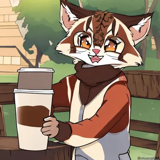 Prompt: anime bobcat holding coffee