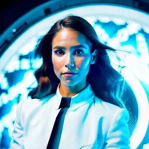Prompt: Seychelle Gabriel is a futuristic civil servant dressed in a Space-1999-inspired business suit on a space station. photorealistic, accurate face
