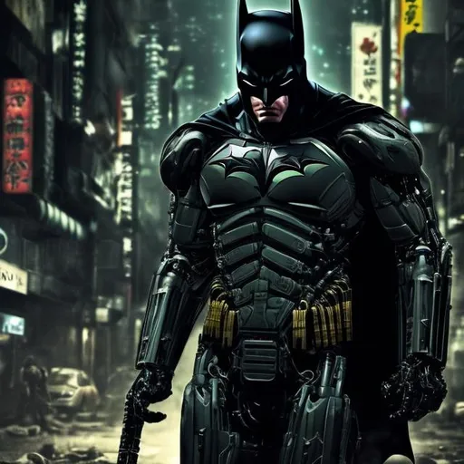 Prompt: Very dark black, gold and green evil distant future bionic enhanced batman. Super soldier. Accurate. realistic. evil eyes. Slow exposure. Detailed. Dirty. Dark and gritty. Post-apocalyptic Neo Tokyo. Futuristic. Shadows. Sinister. Armed. Fanatic. Intense. 