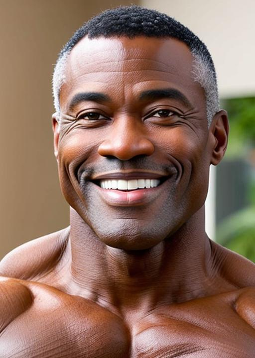 Dark Bodybuilder masculine black bodybuilder, (detailed {aged mature...
