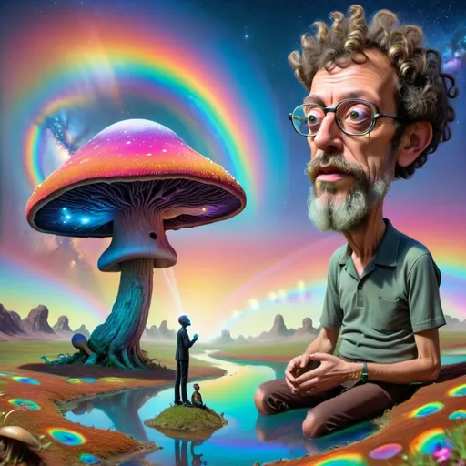 Prompt: Terrence McKenna talking to an Alien on a psychedelic mushroom planet with a rainbow colored river and the milky way in the sky