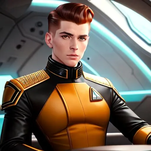 Prompt: A handsome freckled guy with a short chestnut slicked back pompadour undercut with ginger highlights, is sitting in a spaceship inspired by star wars and wearing an untugged black retrofuturistic military space starfleet admiral undone uniform, star trek vibes, moles, beauty marks, muscles, abs, serious demeanor by vladimir volegov and alexander averin and pierre auguste cot and delphin enjolras and peder mørk mønsted with a evil face and red light and shadow with a fire background.
