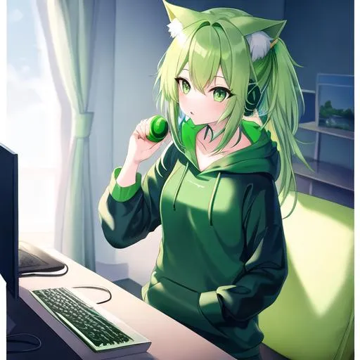 Prompt: light Green hair, hd, fantasy, 8k, green eye, beautiful, cool girl, flat, hoodie, with light green headphones that have cat ears, watching anime on a computer