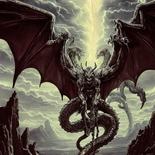 Prompt: And I saw an angel coming down out of heaven, having the key to the Abyss and holding in his hand a great chain. He seized the dragon, that ancient serpent, who is the devil, or Satan, and bound him for a thousand years.