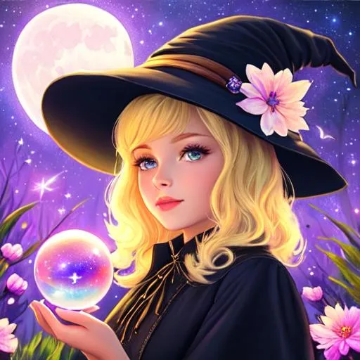 Prompt: a young witch with short blonde hair, Disney style, witch hat, moon, forest, flowers, nighttime, galaxy, soft light, art, painting, sweet, fireflies, pastel, vaporwave, holding a crystal ball
