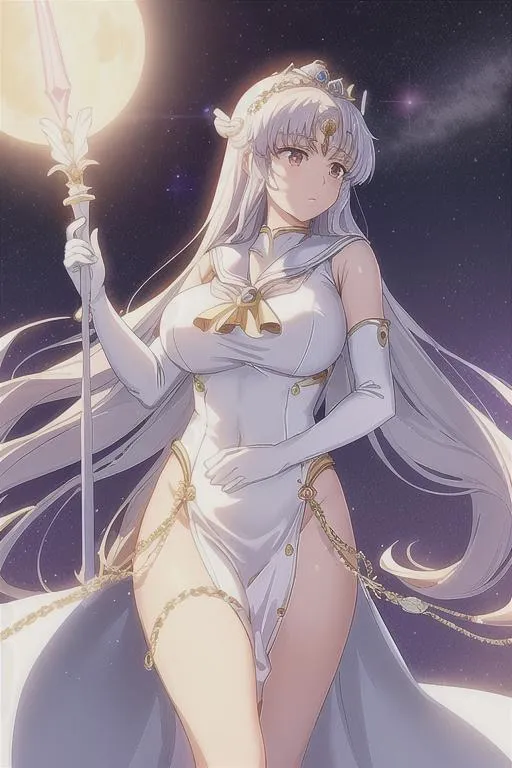 Prompt: A long-distance shot of Sailor Serenity, the warrior queen of the Moon Kingdom, standing atop a cliff overlooking the vast expanse of space, adorned in a flowing white gown with silver accents, a tiara encrusted with glittering jewels on her head, and a pair of long white gloves that extend up to her upper arms, right hand holding the legendary Staff of Halation, a long silver rod with a glowing pink crystal at its tip, the wind whips through her hair, her eyes blaze with an intense determination as she prepares to defend her kingdom against all threats, mesmerizing, overflowing with energy, cosmic, absolutely astonishing, (((masterpiece))), UHD, 16k, HDR, ((((best quality)))), ((((extreme details))))