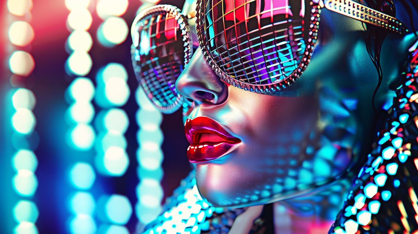 Prompt: Futuristic woman portrait, adorned in shimmering, iridescent garments and accessories. Her oversized, intricately patterned sunglasses reflect a grid mirroring the backdrop. The luminous digital hues seamlessly merge with her attire, while her bold red lips provide a striking contrast against the vibrant color palette. Raw, unedited photograph.