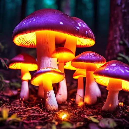 Prompt: Glowing mushrooms in dark forest.