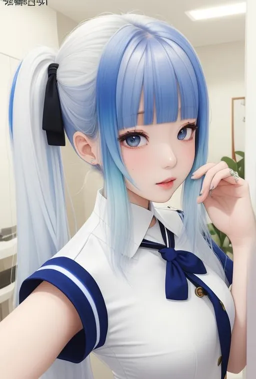Prompt: ombre white and blue hair, korean, long hair, 13 year old girl, solo, pale skin, indoors, busty, mole under eye, mole on {{breast}}, sailor uniform, fullbody, XXXXXX hair accessory, wide hips, thicc thighs, thicc bum, ((full body)) {{good looking}} {{cute}} {{good body}} {{tight}}, symmetrically colored hair, {{shadows}},
