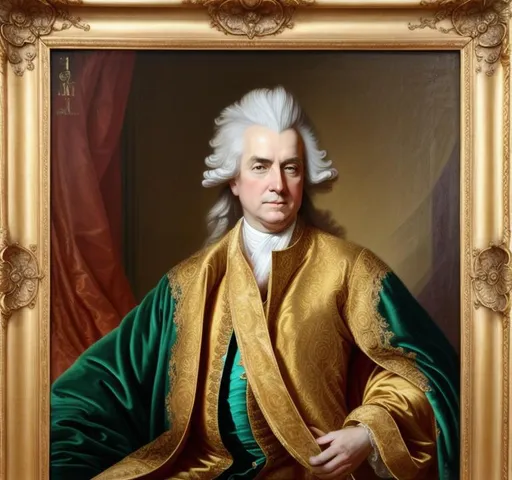 Prompt: 18th century painting, king, flowing golden hair, trump, extravagant robe, smirk