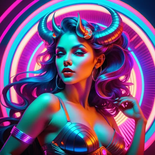 Prompt: a beautiful female demon in a dynamic pose in a retro futuristic synthwave cyberpunk neon paradise.  neon lighting, high quality, beautiful, masterpiece, artistic, synthwave, cyber, retro, futuristic